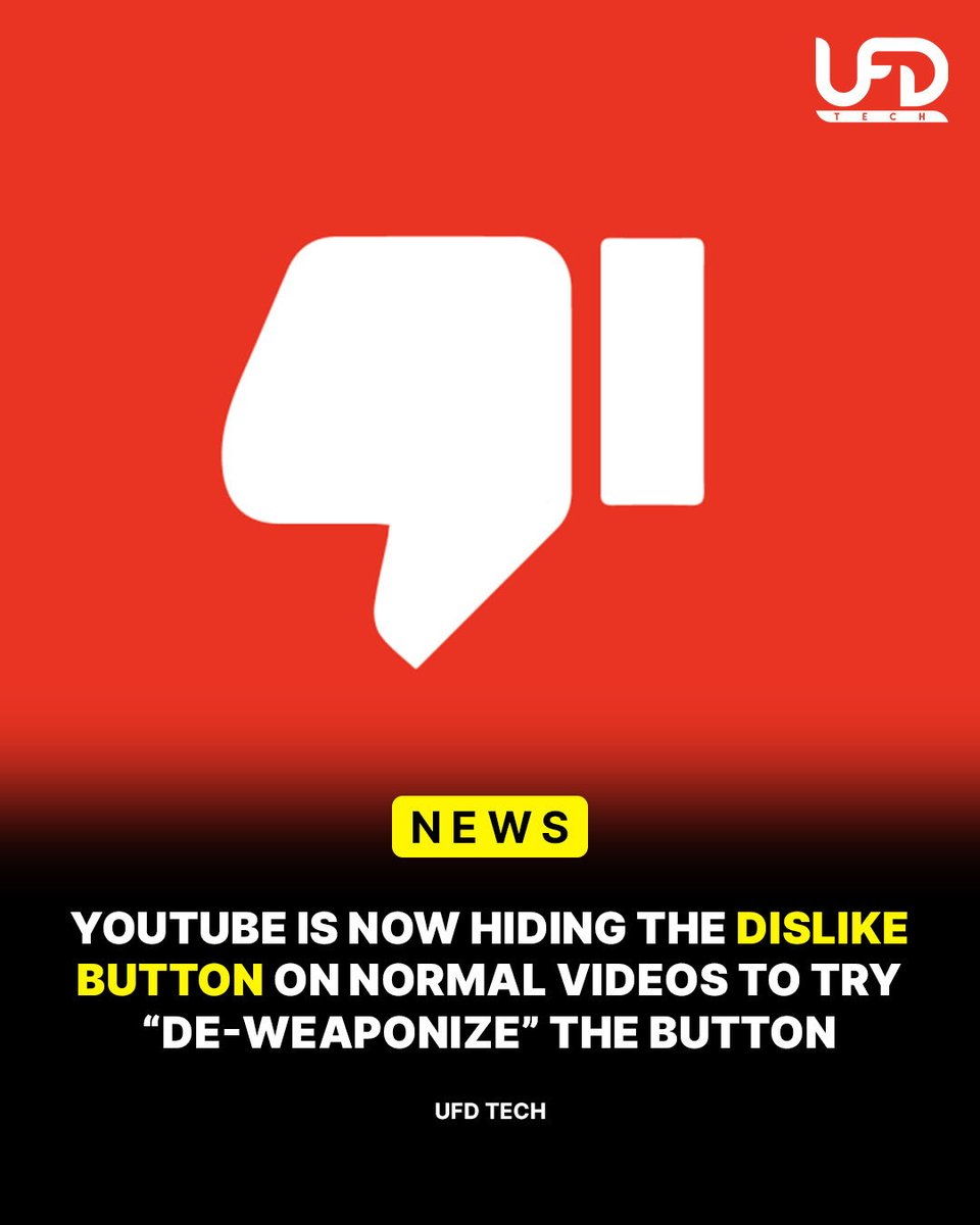 UFDTech's tweet photo. YouTube's now playing around with getting rid of the Dislike Button altogether, not just the counter.

Source: https://t.co/7mvqhrXWjp https://t.co/VPGz428xL9