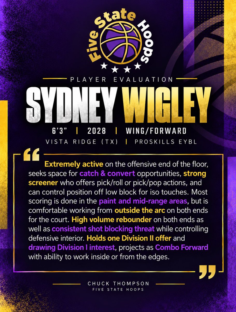 Sydney_Wigley28's tweet photo. Appreciate @FiveStateHoops & Chuck Thompson for the evaluation! 💜🏀 

6’3” 2028 Wing | ProSkills EYBL ~ DII offer | Drawing significant DI interest

Coaches — I’m ready to compete, impact winning, and earn the next opportunity. Come see me this season. 📈

@ballhardbball @NikeGirlsEYBL @ProSkillsGBB @Lindseyhughey15 @IMCOMING_INC @SuddenEwbb @atx_hoops @LadyRangerBball @Ballislife