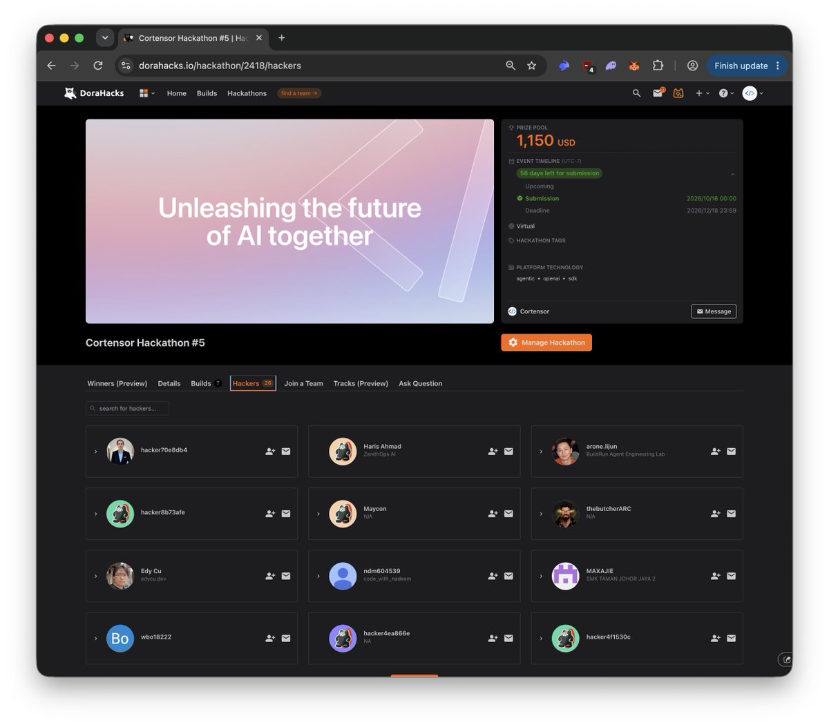 cortensor's tweet photo. 🛠️ DevLog – Hackathon #5: Early Participation Reaches 26 Builders

A quick progress update as Hackathon #5 continues to gain traction.

🔹 Current participation
- 26 builders have joined so far
- 7 projects have already been submitted
- The submission window remains open through 12/18/2026

🔹 What we are watching
- how builders onboard into PyClaw 0.1
- which SDK, tool, memory, delegation, and workflow paths they naturally use
- where docs, examples, provider setup, or runtime behavior still create friction
- useful bug reports and fix PRs that come out of real project work
- Portal / model usage where builders choose to use the hosted path

🔹 Why this matters
- The goal is not only the final submission count
- We want sustained external usage across the full hackathon window
- More builders and more projects give us stronger signals around SDK quality, runtime gaps, onboarding, model behavior, and the kinds of agent applications people actually want to build

🔹 Current takeaway
- Early participation has now grown to 26 builders with 7 submissions
- We will keep promoting the round, refining the SDK / docs, and triaging external feedback as more projects take shape over the coming weeks

DoraHacks:
https://t.co/8lJsXDRlLH

#Cortensor #DevLog #PyClaw #Portal #Hackathon #SDK #OpenSource