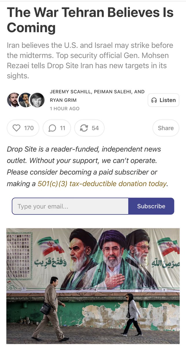 DropSiteNews's tweet photo. 🚨 NEW: The U.S. and Israel are preparing to resume attacks on Iran, possibly before Tuesday’s Israeli elections, according to senior Iranian officials and a U.S. official who spoke to Drop Site. The White House denies plans for U.S. strikes before the midterms.

What each told Drop Site:

🔸 Gen. Mohsen Rezaei, Secretary of Iran’s Supreme National Security Council, in an exclusive written interview with Drop Site

➤ Iran retains the capacity to launch missiles and drones at U.S. assets and would expand its targets: “Cables, data centers and artificial intelligence facilities could also come within range. If the conflict begins again, we will have a broader plan.”

➤ On previously unused capabilities: “We did not deploy all our capabilities in the previous stages… and we are also prepared for the next stage.”

➤ On Gulf states whose energy infrastructure could help sustain the U.S. blockade: “Those governments should not assume they can participate in economic warfare against Iran without putting themselves at risk.”

➤ On diplomacy: Iran has presented seven new conditions through intermediaries. “Until those conditions are fulfilled, Iran will neither reopen the strait nor return to negotiations.”

🔸 A senior Iranian official

➤ Tehran’s intelligence assessment sees a high likelihood that large-scale bombing begins before the Israeli vote on October 27. “Trump has sat on Iran’s proposed package for ending the war, and negotiations have stalled.”

➤ Tehran believes Israel would strike first, “destroying Iran’s newly deployed air defense systems, in order to open the path for American bombers,” while the U.S. would target defenses along the Strait of Hormuz and potentially attempt to seize an Iranian island.

➤ Trump may launch a “token” attack on an underground nuclear site such as Pickaxe Mountain to claim victory.

➤ “Should another war against Iran begin… their casualty figures will be ten times higher.”

🔸 A U.S. official

➤ Military assets are moving rapidly into place ahead of an expected green light from Trump, with CENTCOM chief Gen. Bradley Cooper among those pushing for renewed attacks.

➤ “CENTCOM is putting all the pieces into place to renew major combat operations.”

➤ The official doubted strikes would come before the Israeli vote, but said: “We did start Epic Fury without all our assets in place.”

➤ “Trump has backed off major combat operations against Iran or the Houthis [Ansarallah] seven times since July… At the last minute, he calls it off.”

🔸 White House Principal Deputy Press Secretary Anna Kelly

➤ “The United States will not be attacking Iran at any time prior to the midterm elections.”

—

The USS Theodore Roosevelt and the 13th Marine Expeditionary Unit are heading to the region, bringing approximately 10,000 additional sailors and Marines. Two other U.S. aircraft carriers are already in the Arabian Sea.

Israeli Prime Minister Benjamin Netanyahu, trailing in the polls, claimed Wednesday without evidence that Iran is developing a nuclear weapon and said his directive to the Israeli military, Mossad and security agencies is “to topple the regime in Iran.”

🔗 Full details in the new report from Jeremy Scahill, Peiman Salehi and Ryan Grim, linked below.