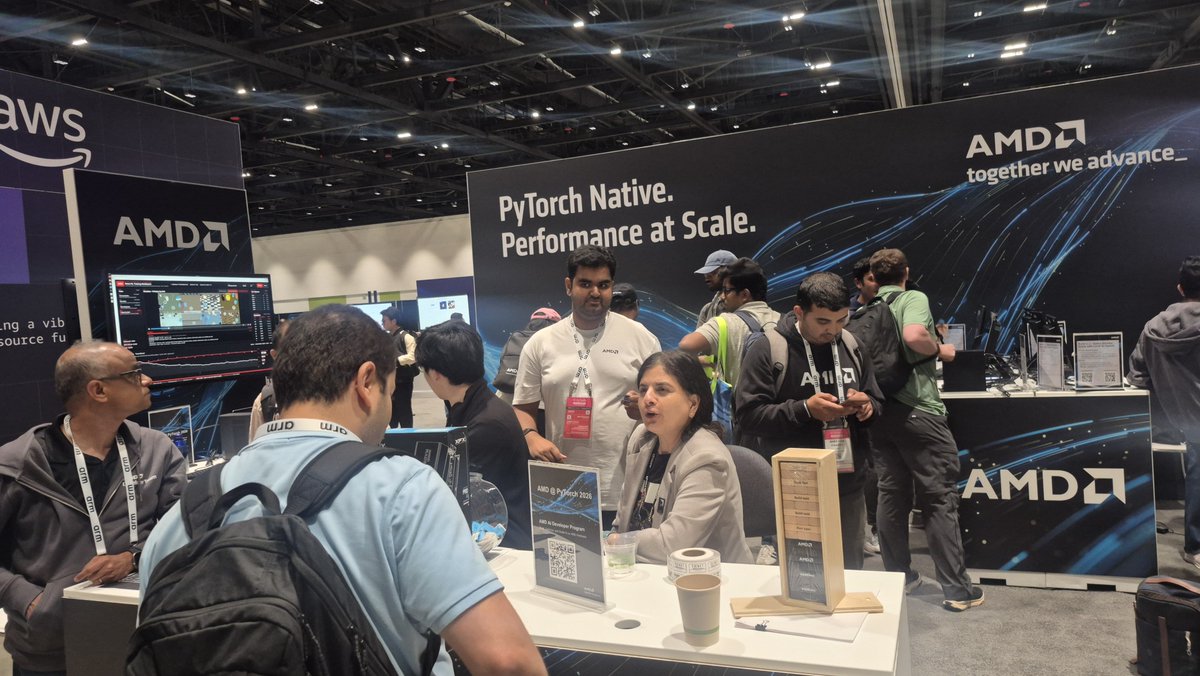 rohit_tanga19's tweet photo. Stopped by the AMD booth at PyTorch Conference 2026! 🚀 Great seeing the latest hardware demos, ROCm developments, and AI workload optimizations in action.
@AMD #AMDEvs #PyTorchCon2026 https://t.co/dcePaZkPUJ