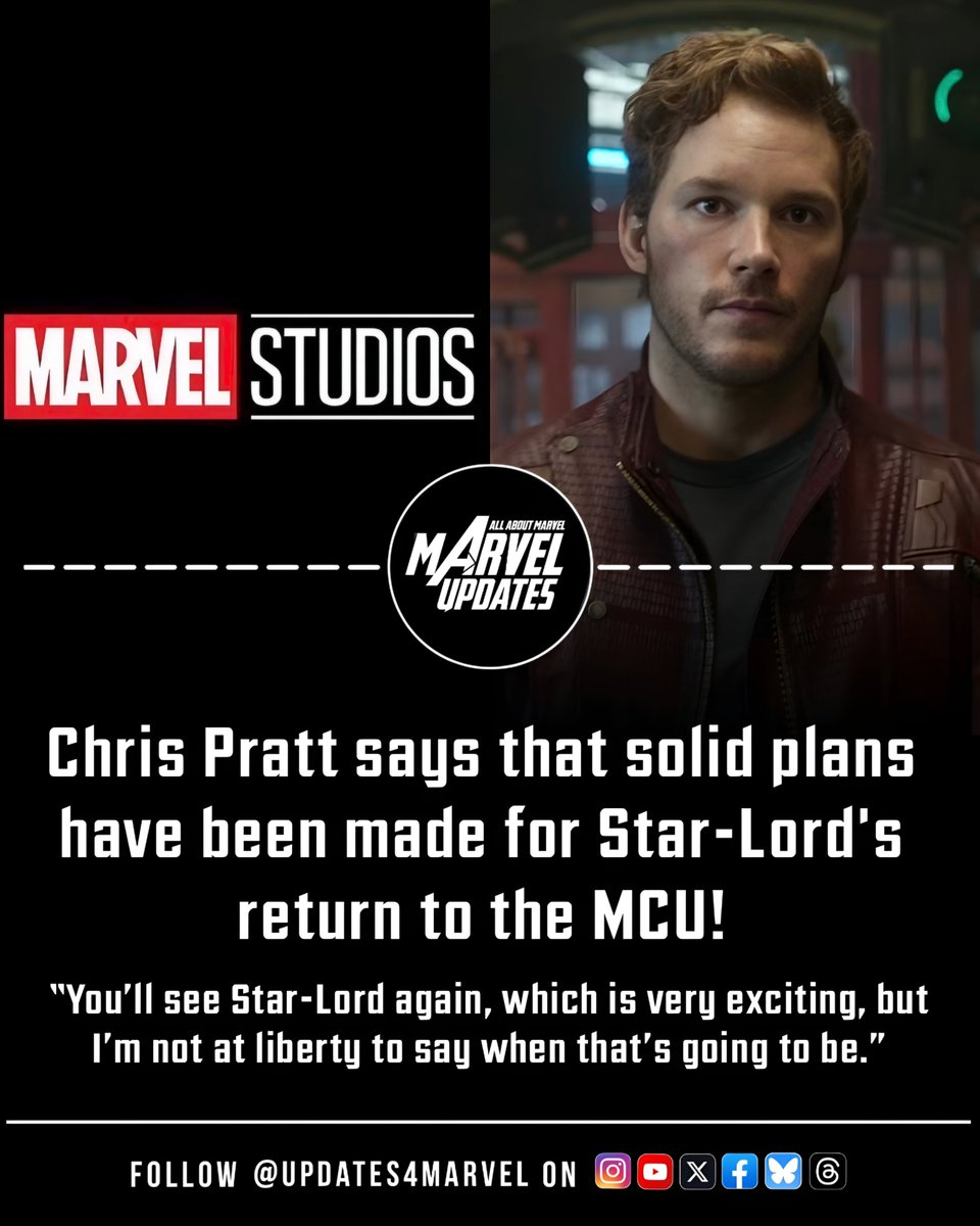 Updates4Marvel's tweet photo. Chris Pratt confirms that plans are in place for Peter Quill’s comeback, but his next appearance remains a mystery.

“You’ll see Star-Lord again, which is very exciting, but I’m not at liberty to say when that’s going to be.”

#StarLord #ChrisPratt #MCU https://t.co/Je2MbNta7b