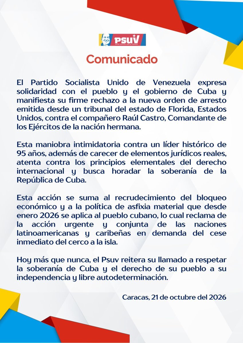 EmmaRincon's tweet photo. 🚨 ÚLTIMA HORA 

El Partido de Delcy Rodríguez, PSUV, arremete contra los Estados Unidos por la orden de captura contra el dictador comunista Raúl Castro. https://t.co/Ay4FRpfHFf