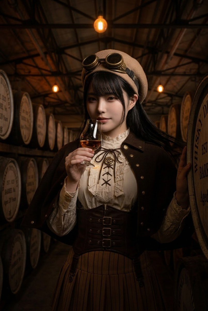REI_AImodel's tweet photo. 熟成庫の静寂の中、グラスに宿る琥珀色の光。⚙️🥃
​静かに並ぶウイスキー樽に導かれ、時間の記憶をテイスティング。カメラを見つめる澄ました微笑みと、グラスを静かに愛おしむ伏し目。
天使に少し横取りされたあとの、特別なひとしずくを味わう瞬間。
#AI美女 #AIart https://t.co/05GaD7Z8Cd