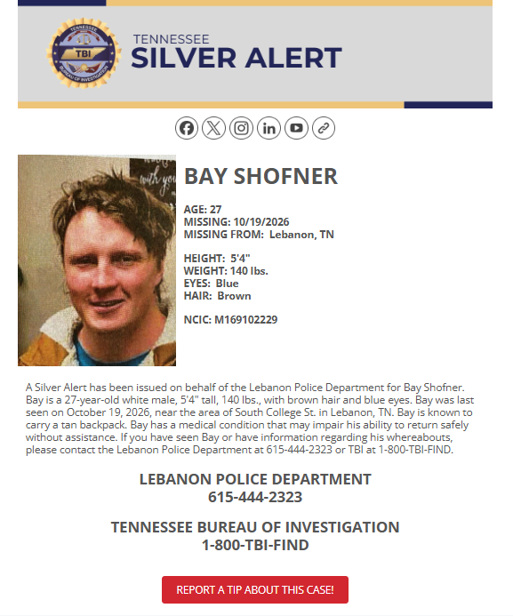 TBInvestigation's tweet photo. MORE: Bay Shofner, the subject of a #TNSilverAlert is known to carry a tan backpack.

He has a medical condition that may impair his ability to return safely without assistance.

Spot him? Call the Lebanon Police Department at 615-444-2323 or TBI at 1-800-TBI-FIND!

2/X https://t.co/fFkheL4fCy