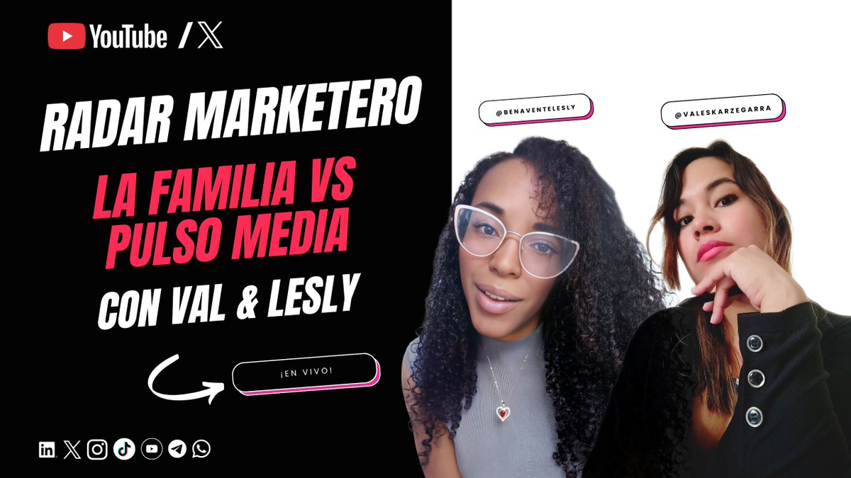 marketersweb3's tweet photo. R A D A R   M A R K E T E R O  | EP. 5 🎙️  Esta semana ponemos bajo el radar a dos comunidades @LaFamilia_so vs @PULSO_media   

Acompaña a @Valeskarzegarra y @BenaventeLesly
en un análisis en vivo sobre cómo estas comunidades comunican y aplican el marketing. 

📅 Viernes 23 de octubre 
⏰ 7:00 PM (GMT-5) 
📍 En vivo por YouTube y X  

💬 ¿Cuál de estas comunidades te genera más curiosidad y por qué?