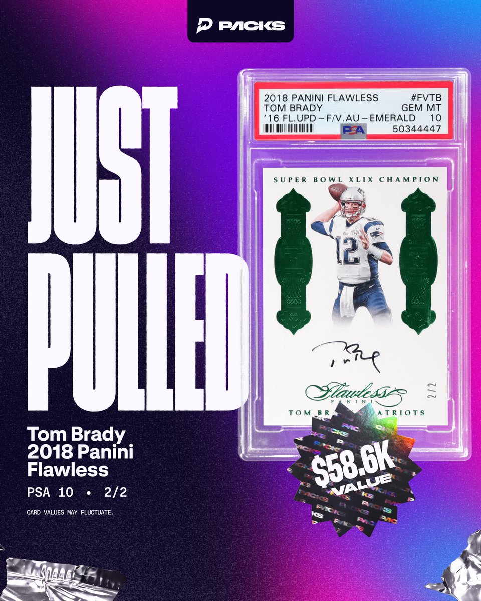 PrizePicksPacks's tweet photo. 🚨 FIRST GRAIL PULLED 🚨

A user from Nebraska just pulled a 2018 Panini Flawless '16 Flawless Victors Autograph Emerald Tom Brady 2/2 from a $5 Bonus Pack 

It was instantly sold back for $58,688.40 🤑 https://t.co/MIXnG4sOV2