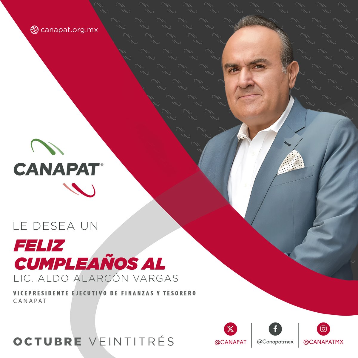 CANAPAT's tweet photo. Felicitamos al Lic. Aldo Alarcón, parte del Consejo Nacional Directivo #CANAPAT quien hoy festeja su cumpleaños.

¡Enhorabuena!

@Virginia_Olalde https://t.co/zGg5glYGP9