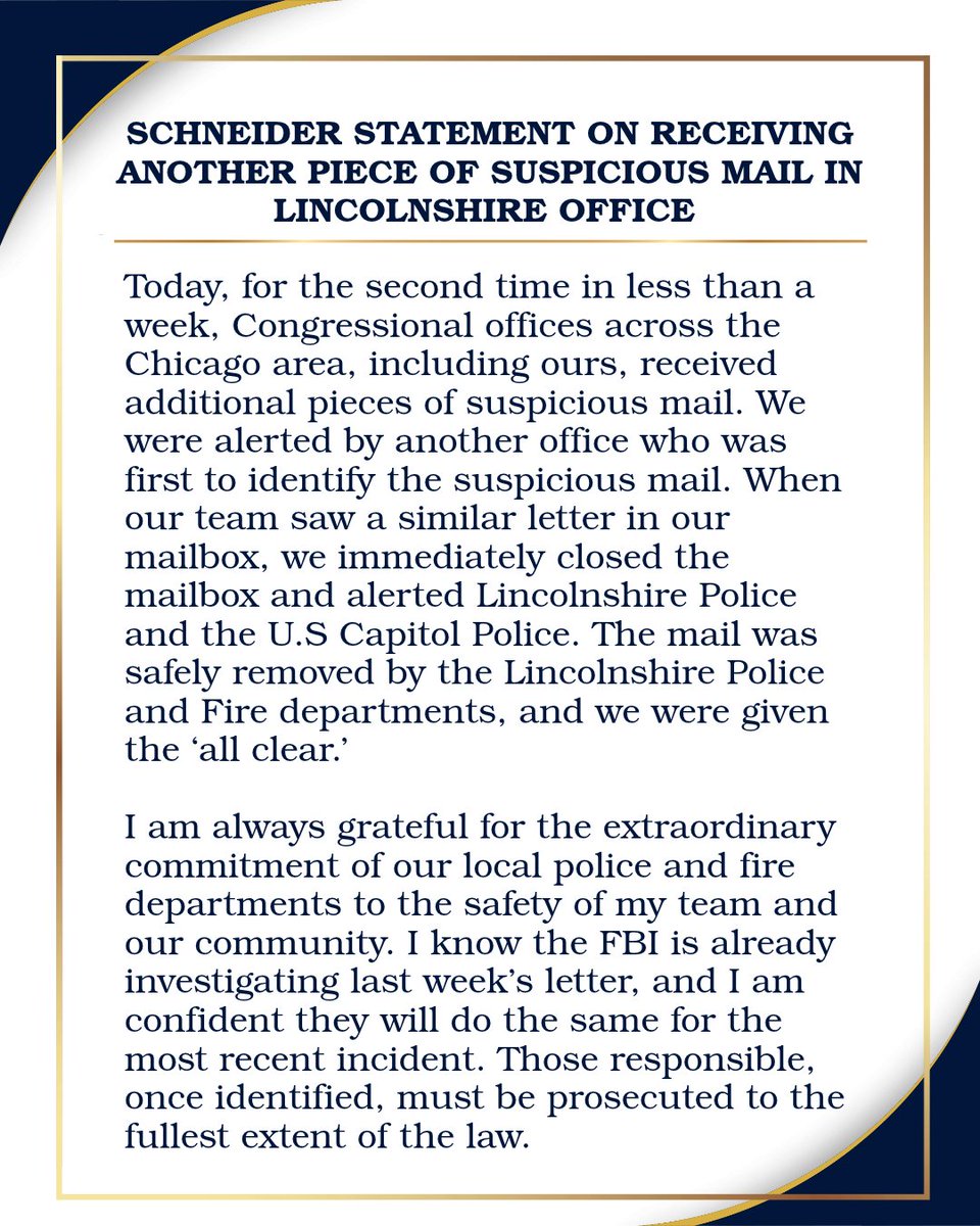 A formal statement graphic with a dark blue and gold border, containing a bold headline and several paragraphs about suspicious mail received at a congressional office. It is primarily text.