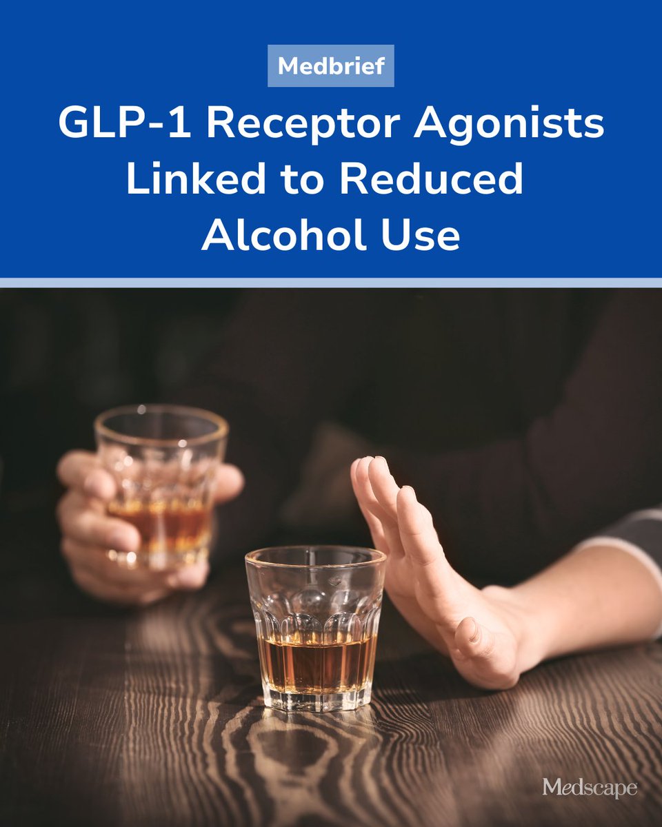 Medscape's tweet photo. Nearly half of the individuals who were drinking when they started using GLP-1 receptor agonists (RAs) reported drinking less within 3 months, with higher odds among those who screened positive for potentially unhealthy past-year alcohol use, US survey data showed. https://t.co/6dJZYdZpPW