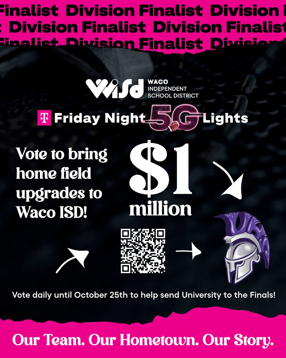 WacoISD's tweet photo. ⏳ ONLY A FEW DAYS LEFT TO VOTE! ⏳

University High School is in the running to bring home a $1 Million field upgrade through T-Mobile’s #FridayNight5GLights! 🏈💥We need EVERY Trojan fan, parent, student, and community member to help send UHS to the Finals!   

📲 Vote TODAY & every day through Sunday, October 25th: https://t.co/GbxThRd7S4 

#WISDomWorksWonders