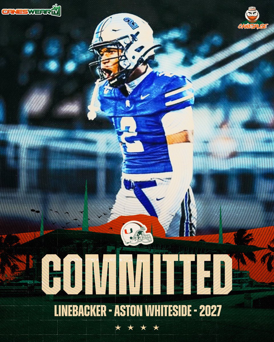 canesmuse's tweet photo. BREAKING: 2027 4-Star LB Aston Whiteside has flipped his commitment to Miami. 

The 6’2 215 LB flipped to Miami after being committed to Texas A&amp;M. https://t.co/lu3WhpejIK