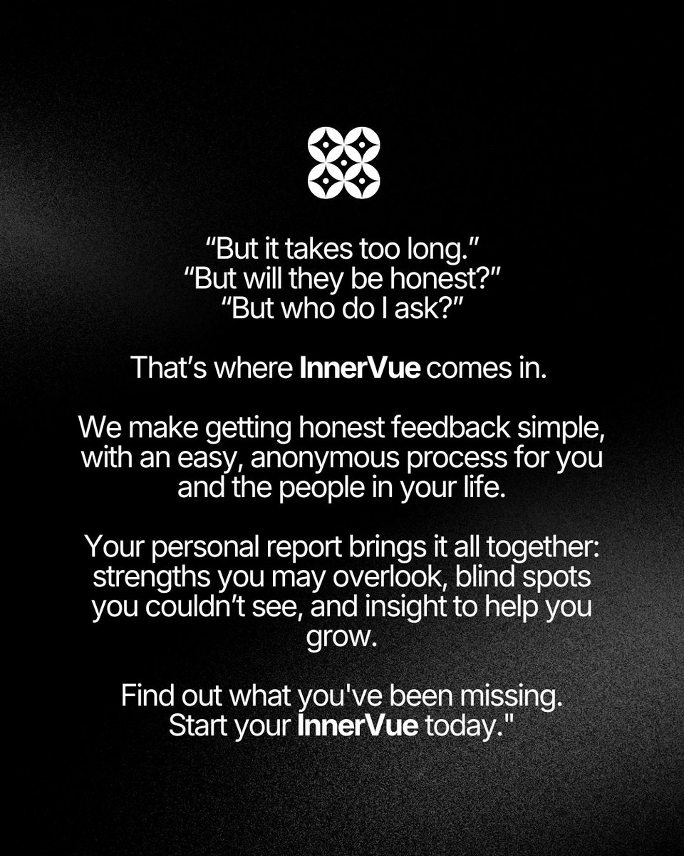yourinnervue's tweet photo. It’s frustrating to try so hard and still feel misunderstood.

You know what you meant... but do you know how it landed?

InnerVue makes it easy to gather anonymous feedback from people across your life, so you can uncover hidden strengths and patterns that may be getting in the way of the relationships you want.

Find out what you’ve been missing across your relationships, careeer, and life. Start your InnerVue today.