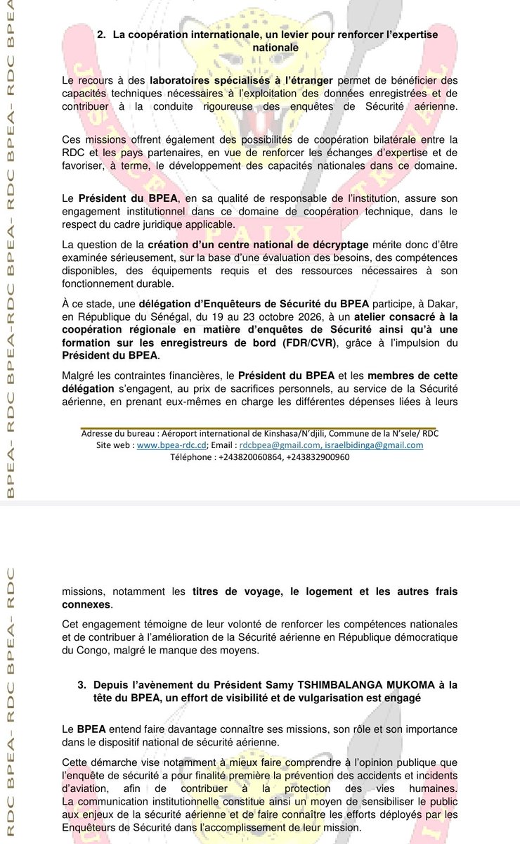 FMLarousse's tweet photo. COMMUNIQUÉ DE PRESSE DE LA CELLULE DE COMMUNICATION DU BUREAU PERMANENT D'ENQUETES D'ACCIDENTS ET INCIDENTS D'AVIATION 

Concerne: Droit de réponse sur l’article publié par le journaliste Fiston Mahamba Larousse [@FMLarousse] https://t.co/Ip0DGjFKfC