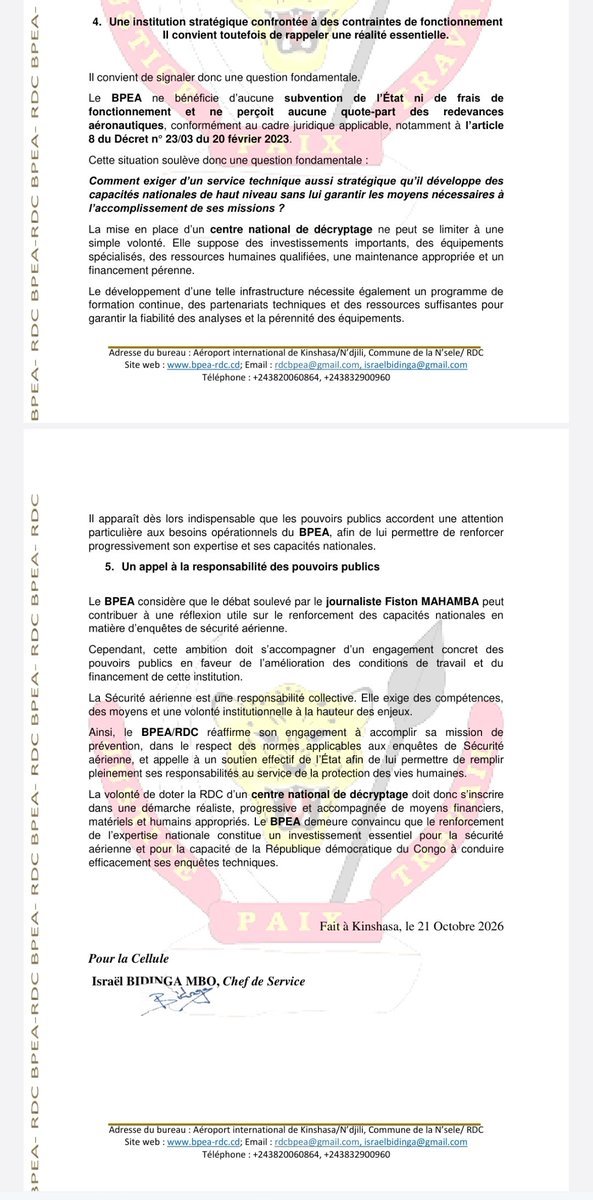 FMLarousse's tweet photo. COMMUNIQUÉ DE PRESSE DE LA CELLULE DE COMMUNICATION DU BUREAU PERMANENT D'ENQUETES D'ACCIDENTS ET INCIDENTS D'AVIATION 

Concerne: Droit de réponse sur l’article publié par le journaliste Fiston Mahamba Larousse [@FMLarousse] https://t.co/Ip0DGjFKfC