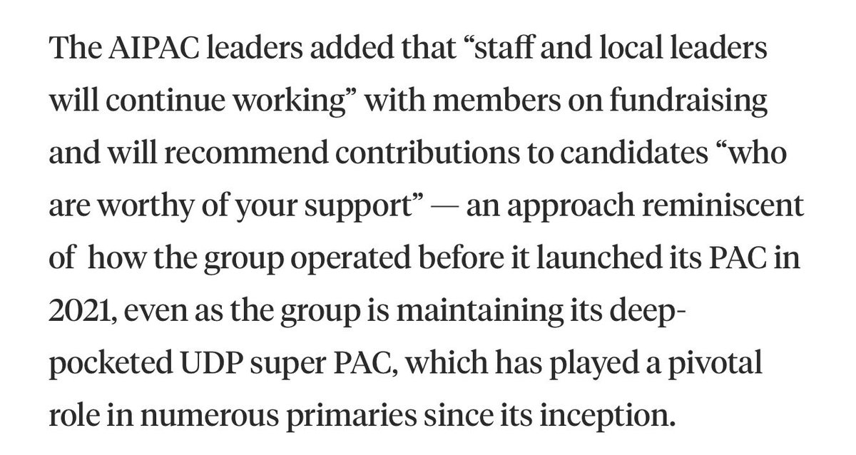 QuarterZippedxx's tweet photo. @AFpost It looks like AIPAC is going to continue operating, just under the super PAC United Democracy Project.

This allows AIPAC to circumvent negative endorsements, still be able to engage with candidates directly through AIPAC, but then indirectly campaign for them through UDP. https://t.co/IXlDLfe0ut
