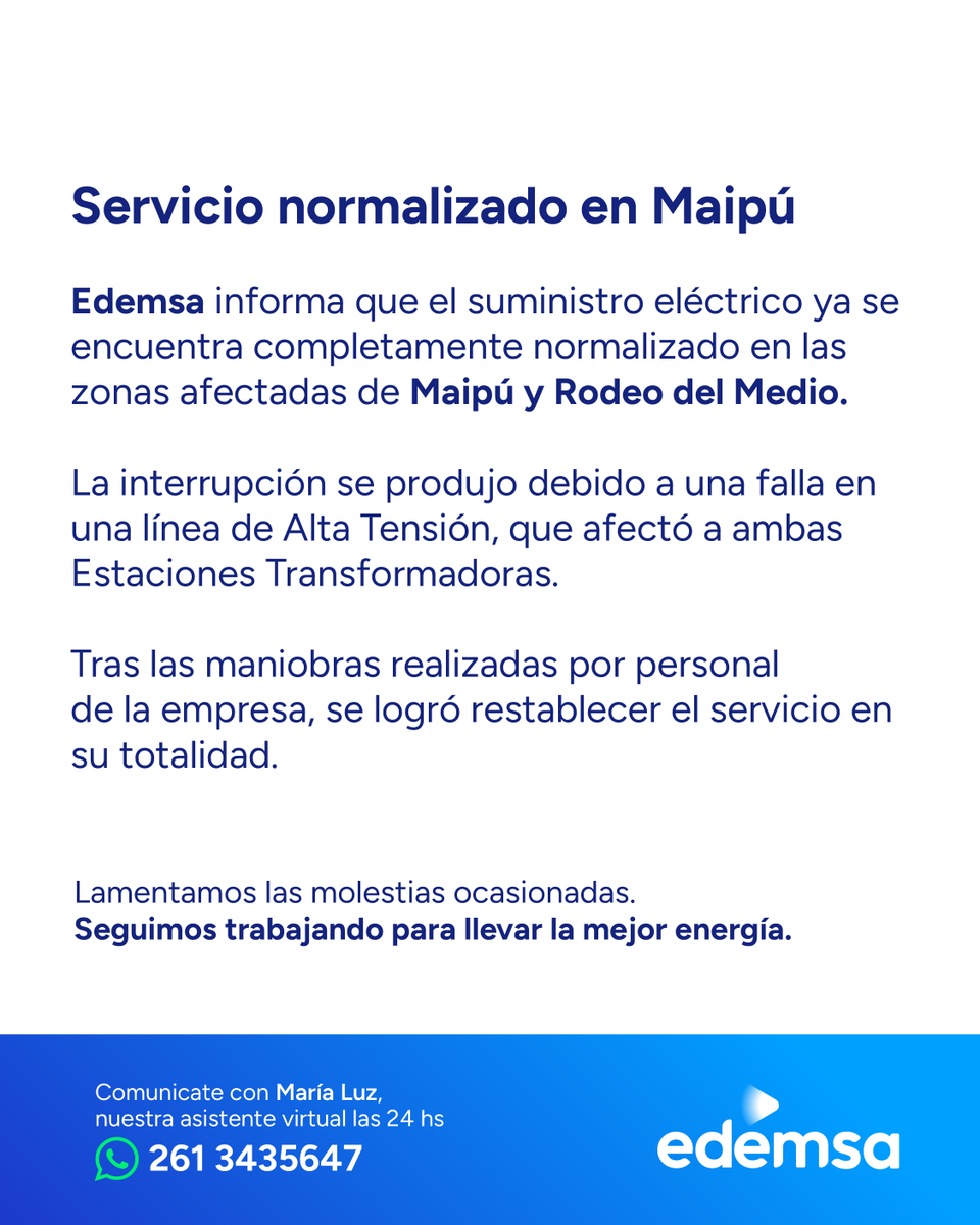 Edemsa's tweet photo. ✅ Servicio normalizado en Maipú y Rodeo del Medio. https://t.co/ZutrgIBGTS