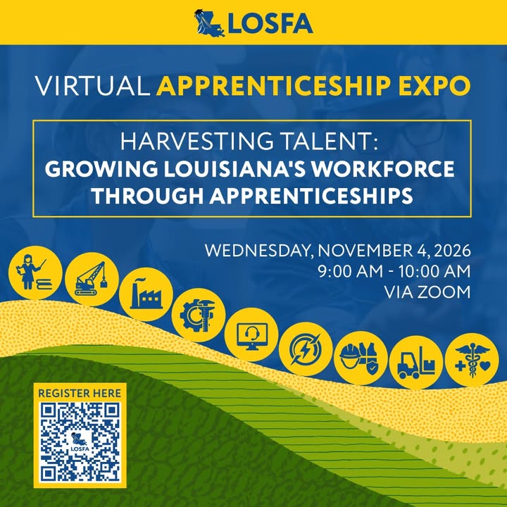 LOSFA's tweet photo. LOSFA's virtual Apprenticeship Expo will be held on Wednesday, November 4, from 9-10 a.m., via Zoom.

This event aims to introduce high school and two-year postsecondary students across Louisiana to apprenticeship opportunities.

Register here: https://t.co/9j59AAO781 https://t.co/ehIenh4qo2