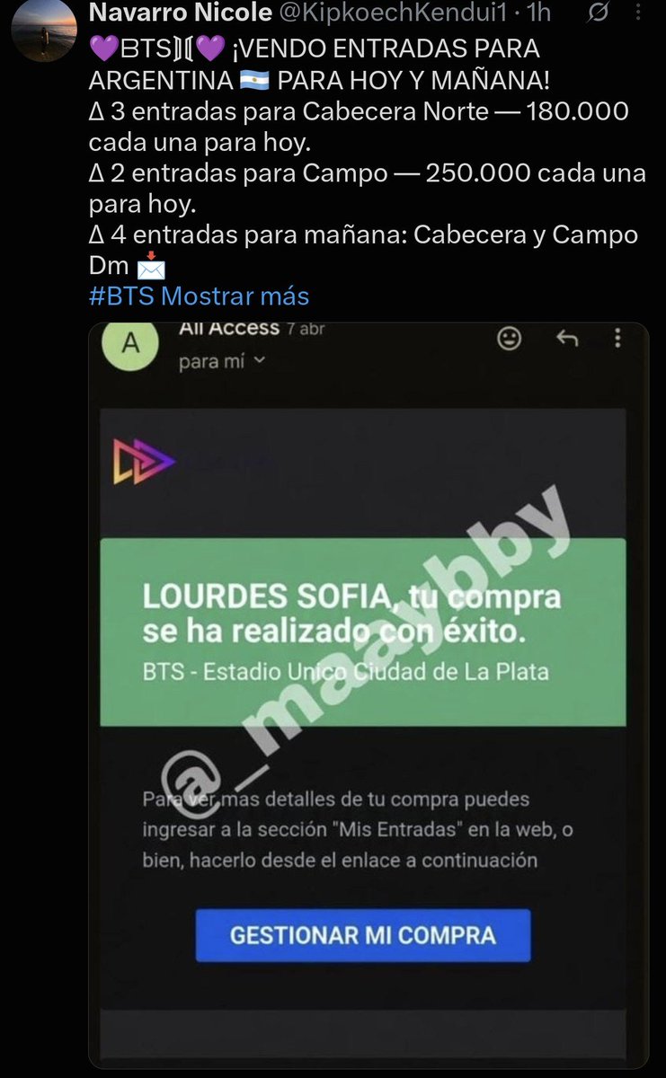 _maaybby's tweet photo. ⚠️  ARMY, CUIDADO CON ESTA PERSONA. 

está utilizando las capturas de mi venta legítima para estafar a otras personas. no tengo relación con esta cuenta ni autorizo que utilice mis imágenes. tengan cuidado y no se confíen tan fácilmente de quienes dicen vender entradas 🙏🏻 https://t.co/QEU5ouz9f9