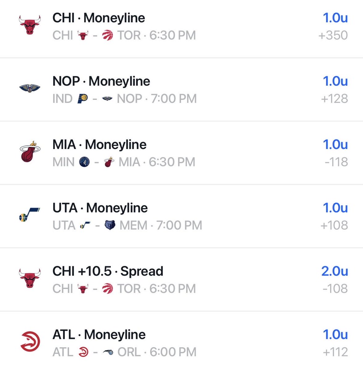 zigthekidd's tweet photo. NBA CARD 10/21/26🚨🚨🚨🚨

We were on complete fire yesterday so let’s keep the momentum. NOW WE GO. 

Bulls +10.5 2U -108
Bulls 7up early win ML 1U +350
Pelicans ML 1U +128
Miami ML 1U -118
Jazz ML 1U +108
Hawks ML 1U +112
Jazz ML/Pelicans ML/Luka Over 32.5 points .8U +1202

LETS FUCKIN ROCK TN. 😈😈😈