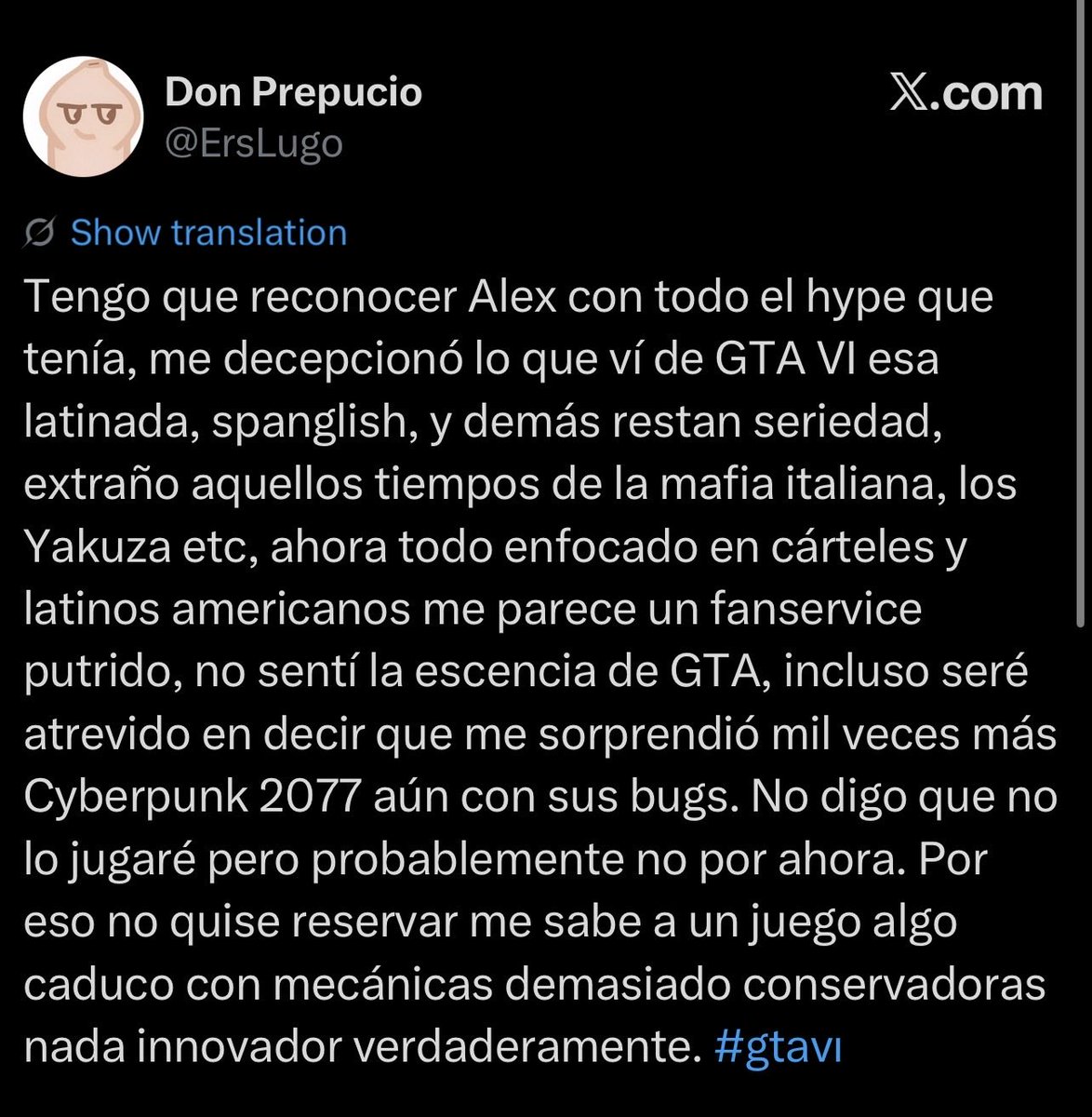 alvant25's tweet photo. @ErsLugo Y además me parece acojonante que me llames fan del GTA por quejarme de la estructura de la serie, mientras que tú te estés quejando de la presencia latina en el juego, donde, te recuerdo, se basa en Miami esta sexta entrega, así que tu pretexto nulo. https://t.co/apFjwC23tg