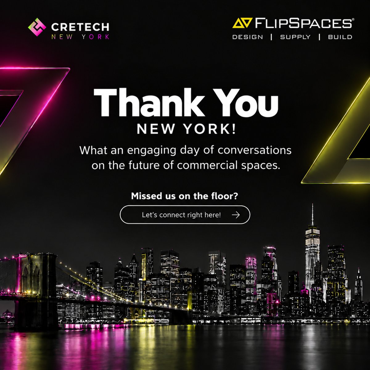 Flipspaces's tweet photo. What an incredible day of high-energy conversations and insightful discussions at CREtech New York! 
Missed us on the floor? It’s not too late to start the conversation!

Explore our work &amp; connect with us: https://t.co/yiIln7HBPH

#FlipspacesDesignlabs #CREtechNewYork2026 https://t.co/CW5J0JU8QC