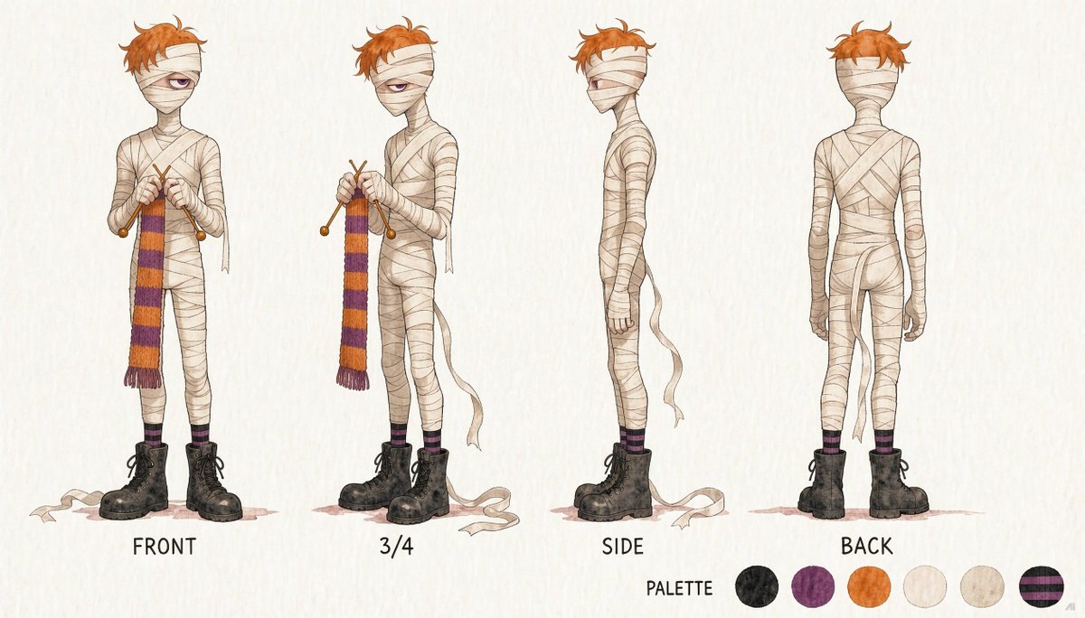 askTIXI's tweet photo. How the mummy was built 🧶
One face sheet, one turnaround, and a favourite pose. Same hair, same single eye, same scarf in every drawing.
Made on https://t.co/LUb2PZmxgM

2DAI❤️ART https://t.co/lgG13J0Vzy