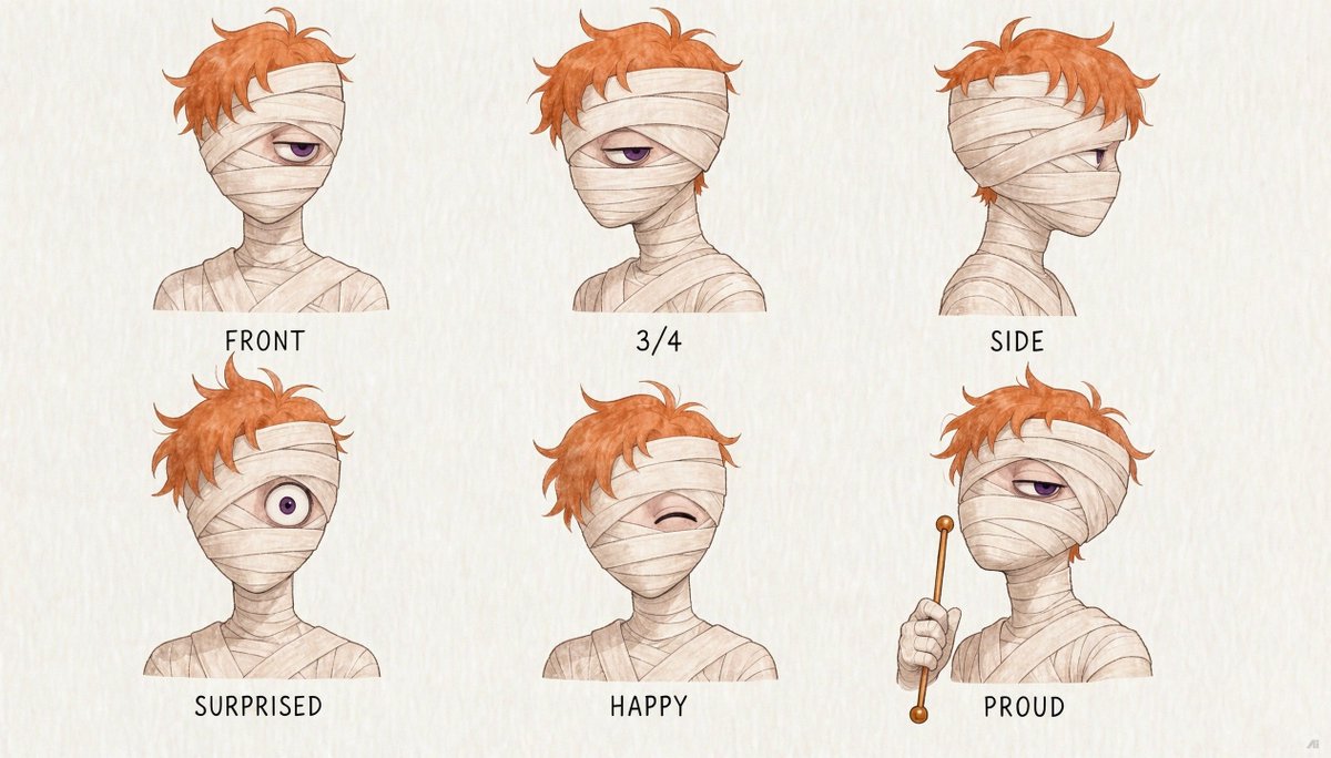 askTIXI's tweet photo. How the mummy was built 🧶
One face sheet, one turnaround, and a favourite pose. Same hair, same single eye, same scarf in every drawing.
Made on https://t.co/LUb2PZmxgM

2DAI❤️ART https://t.co/lgG13J0Vzy