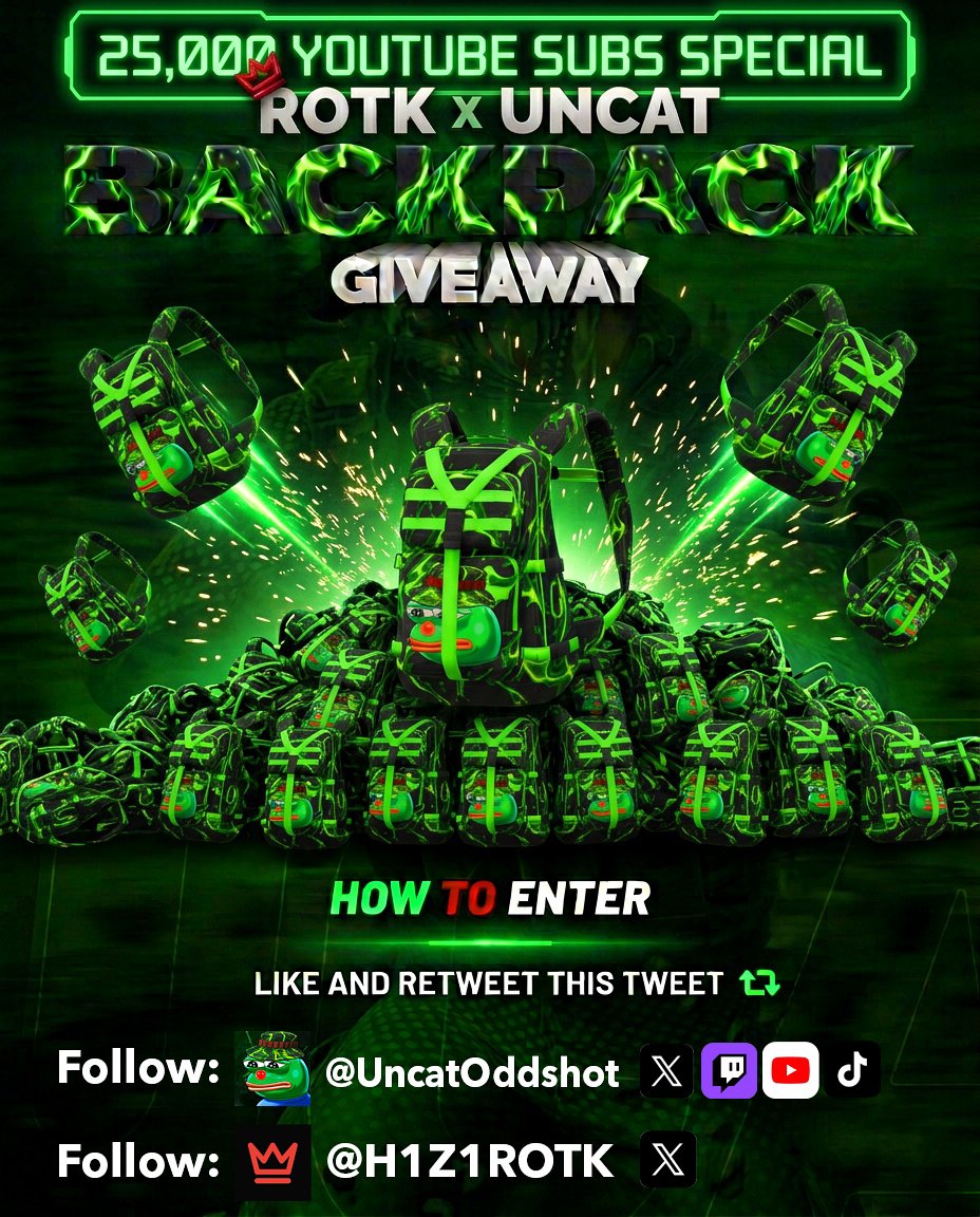 UncatOddshot's tweet photo. 🎉25.000 SUBSCRIBER SPECIAL GIVEAWAY🎉

🐸25.000 Subscriber= 25x UncatBag Giveaway🐸

🚨TO ENTER:🚨

♻️RETWEET + LIKE♥️

🖤FOLLOW: @h1z1rotk 
💚FOLLOW: @UncatOddshot 
♥️FOLLOW https://t.co/yBKaxkRjV0
💜FOLLOW https://t.co/OfYPGmXujk
 🩶FOLLOW https://t.co/i7XUNHTZDm

⭐️Winners will be drawn live on the 01.11 on https://t.co/VYpmgVRZv3