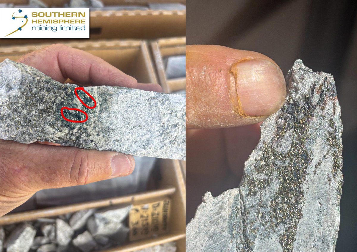 SHMining's tweet photo. ⚒️ Southern Hemisphere Mining advises extension diamond drilling at Llahuin #Copper in hole 24LHRD067 (241m @ 0.42% CuEq incl. 143m @ 0.51% CuEq) has logged Chalcocite &amp; Chalcopyrite mineralisation.

"We expect to add more to Llahuin’s potential before year end," $SUH.ax Chairman https://t.co/sfq0NXWRRP
