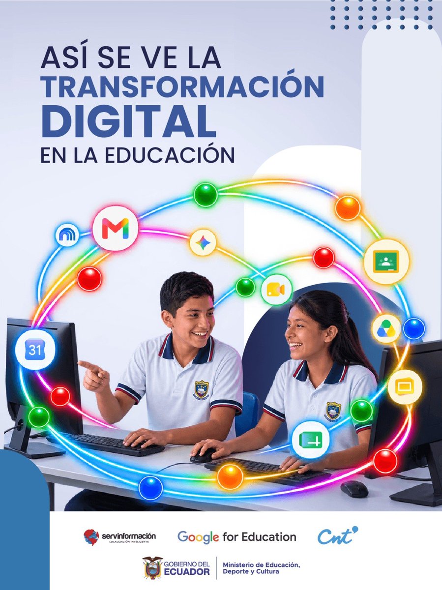 Educacion_Ec's tweet photo. 🚀 Tu forma de aprender está cambiando.
La transformación digital llega a las aulas con nuevas herramientas para enseñar, aprender, crear y colaborar. 💻🤝

Con #AulaDigitalEc, estudiantes y docentes tendrán acceso a herramientas como Google Classroom, Meet, Drive, Gemini y NotebookLM, en un entorno educativo gestionado institucionalmente.

🤖 La tecnología te ayuda a llegar más lejos.