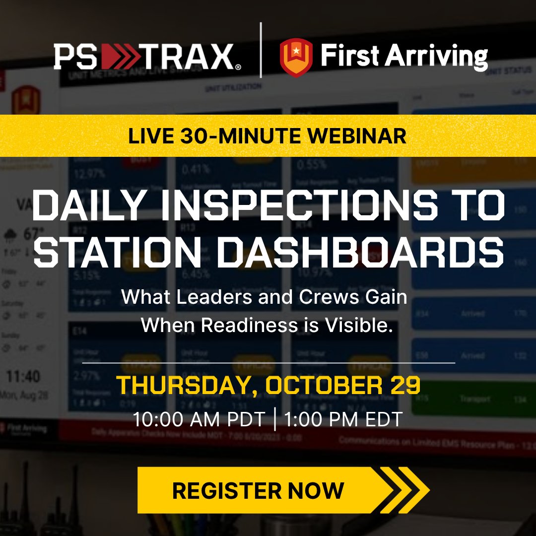 FirstArriving's tweet photo. 🚒 Your inspections are documented. Are the results visible?
Join First Arriving + PSTrax on Oct. 29 at 1 PM ET to see how inspection data and equipment readiness connect with station dashboards.
Register: https://t.co/BzPvkKtzMg
#FireEMS #PSTrax https://t.co/x7UAFGhupk