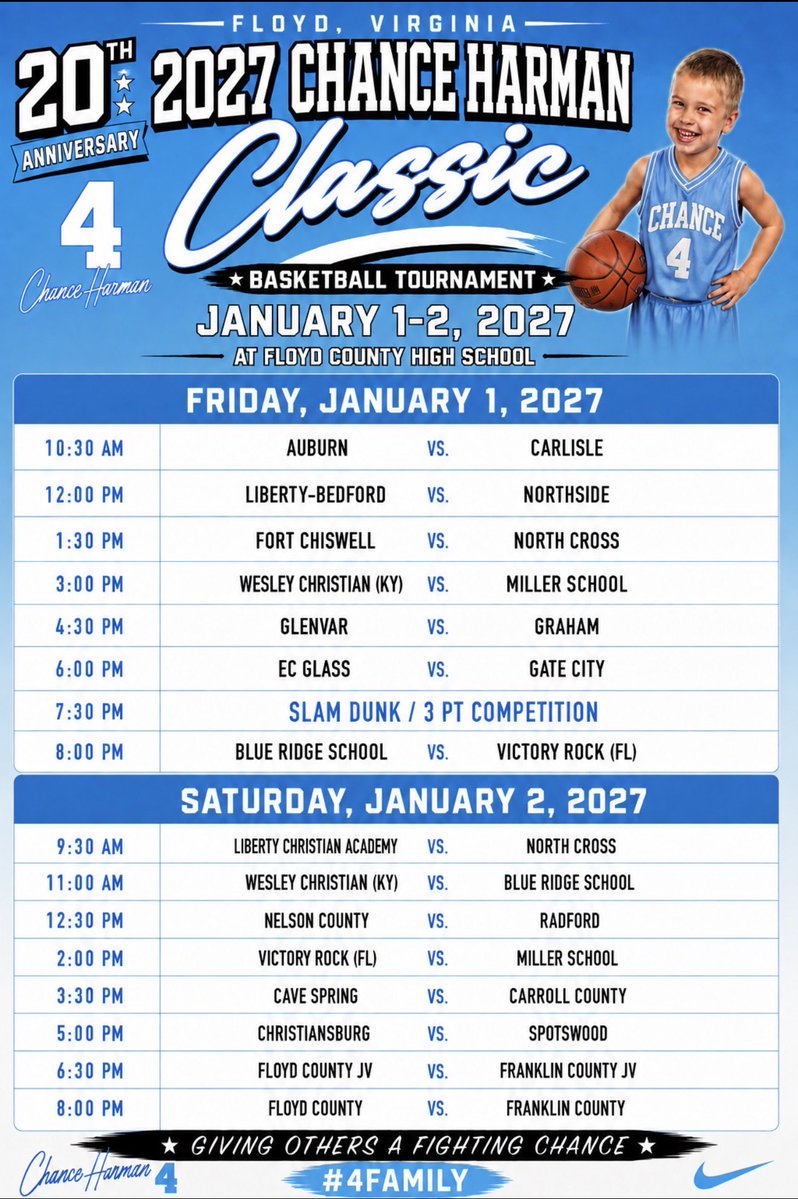 ChanceHarman's tweet photo. Our 2027 Chance Harman Classic schedule has been released! This year it’s our 20th anniversary - save the dates and come watch some great basketball 🏀 #chc2027 https://t.co/kblJgFvQEx
