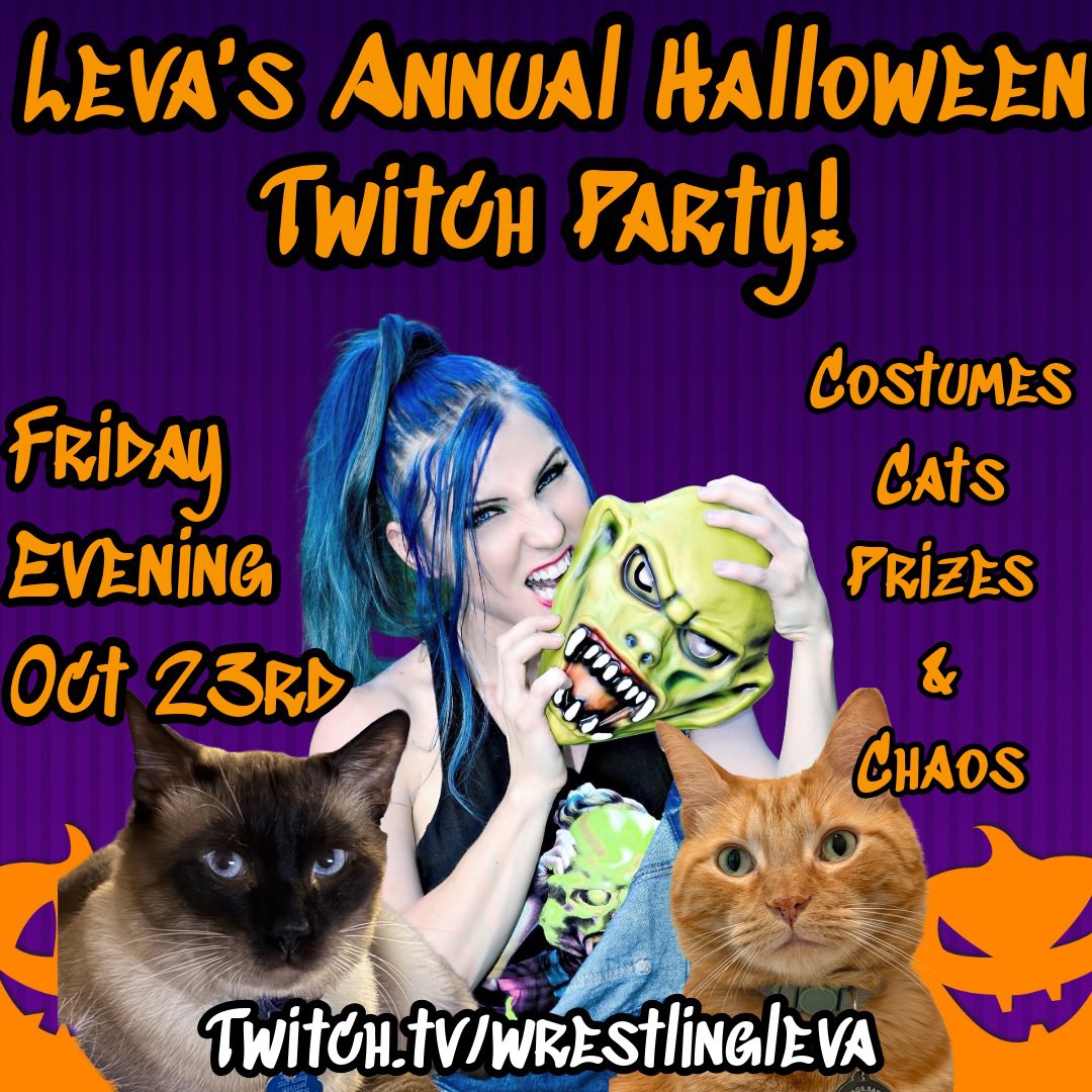 wrestlingleva's tweet photo. This Friday night I am doing a fun shindig on Twitch! There will be costumes, prizes and absolute bonkers! Come by and say hi! The cats are even getting dressed up! 

https://t.co/zZ63waLxrt https://t.co/P0OIZztAfL