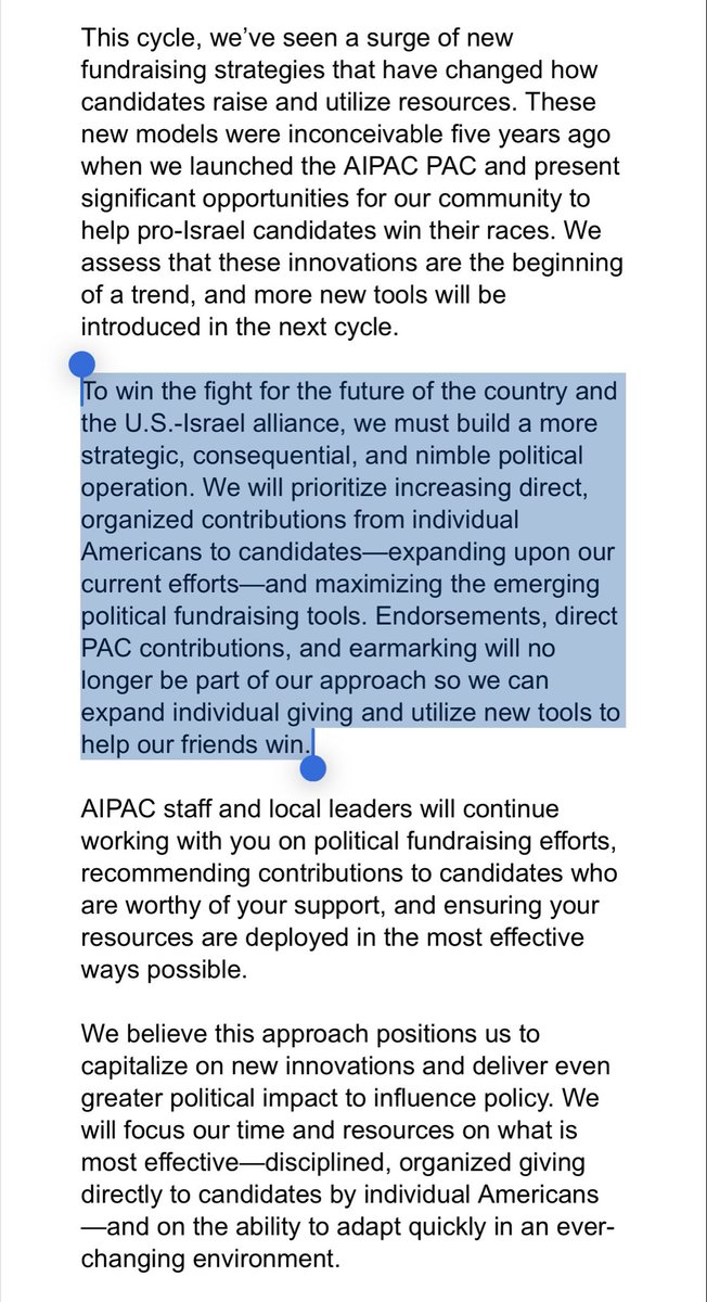 MaxBlumenthal's tweet photo. AIPAC has become such a political liability that it’s shifting to a more “nimble” (read: secretive) approach to buying politicians for Israel

Instead of high profile endorsements and PAC donations, it will quietly mobilize individual donors for direct contributions https://t.co/MzmvyoOPhX
