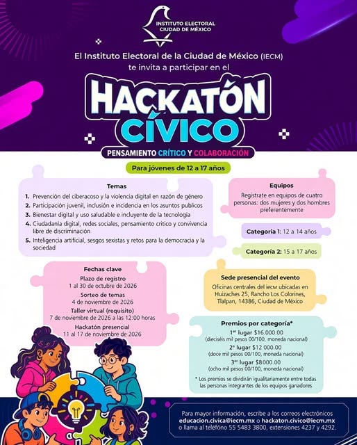 Distrito28IECM's tweet photo. ¿Tienes entre 12 y 17 años y te interesa aportar ideas para transformar tu entorno?
El IECM te invita a participar en el Hackatón Cívico.
Regístrate del 1 al 30 de octubre de 2026 y forma tu equipo de cuatro personas.
Consulta el enlace de registro: https://t.co/AVT1jOlR1x https://t.co/j9rVHH3zBe