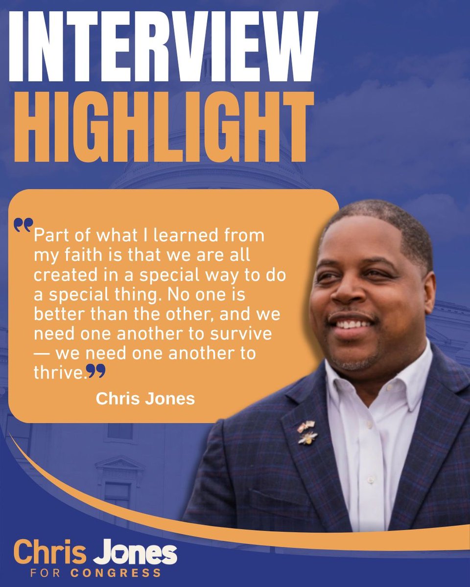 JonesForAR's tweet photo. In a recent interview with Capital B News, Chris Jones reflected on the lessons his faith has taught him about the importance of recognizing the value in one another.
📰 Read the full interview: https://t.co/w8MFmRDk6U

#ChrisJonesforCongress #AR02 https://t.co/dCFB4sfq9w