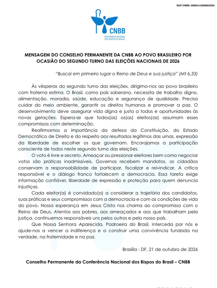 lazarorosa25's tweet photo. A CNBB (Conferência Nacional dos Bispos do Brasil) reafirmou a importância do voto pela democracia e em defesa da Constituição e pede que Nossa Senhora Aparecida interceda por nós.

Não precisa dizer qual candidato defende nossa democracia e constituição, né? 

Dia 25 é 13 🇧🇷❤️ https://t.co/fcRb9swjxQ
