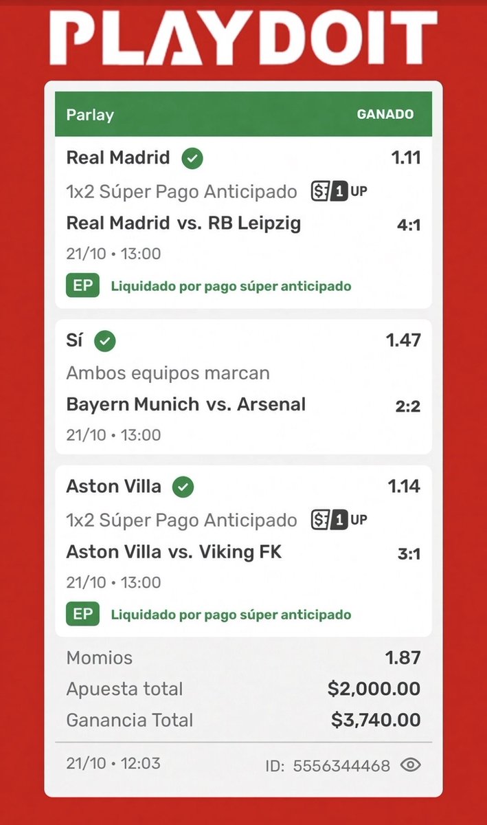 _Elirlandes's tweet photo. 🍀 Verde que te quiero verde 🍀

Entró el parlay completo y se cobro al medio tiempo. Madrid liquidó por Super Pago Anticipado 4-1, ambos marcaron en Bayern-Arsenal 2-2 y Villa también por pago anticipado 3-1.
$2,000 a 1.87. Ganancia: $3,740.

🍀 ¿Le entras a la siguiente? 🍀

#Champions #RealMadrid #Bayern #Arsenal #AstonVilla #Verde #Picks #Apuestas #ElIrlandes #Parlay