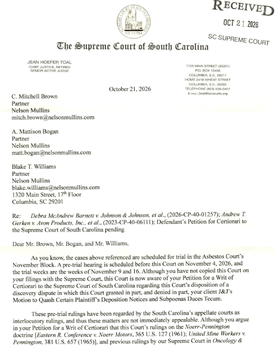 SCDocketUpdates's tweet photo. In Johnson &amp; Johnson's appeal of Toal's order, she has sent a letter to representation letting them know she did not receive notice of the appeal, that interlocutory rulings are not immediately appealable, and that she expects to be at the pre-trial hearings https://t.co/cvU7a3R4uJ