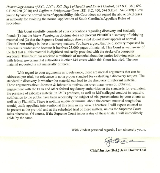 SCDocketUpdates's tweet photo. In Johnson &amp; Johnson's appeal of Toal's order, she has sent a letter to representation letting them know she did not receive notice of the appeal, that interlocutory rulings are not immediately appealable, and that she expects to be at the pre-trial hearings https://t.co/cvU7a3R4uJ