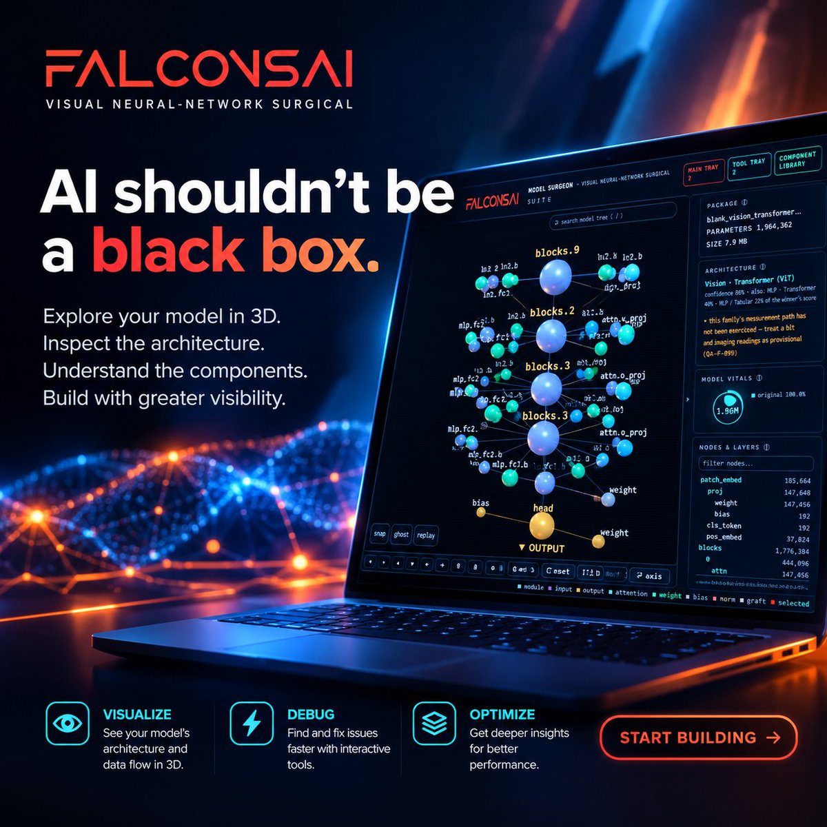 FALCONS_AI's tweet photo. Treating neural networks as uninspectable black boxes creates blind spots in your AI stack. Model Surgeon from https://t.co/6srnOLcuMh parses model files as pure data, rendering every layer, tensor, and connection in an interactive 3D browser session. #ModelSurgeon #AIEngineering https://t.co/cNUQeTAkCJ