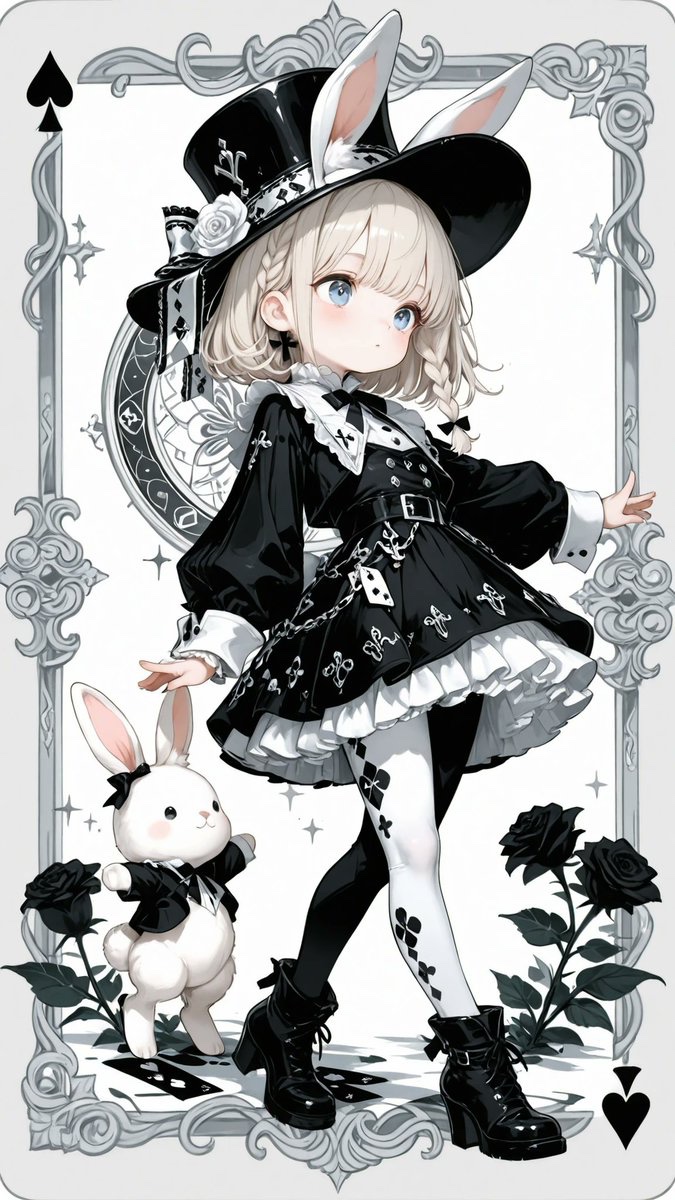 AliceLavli's tweet photo. ウサ耳マジジャン風の衣装プロンプトをどうぞ✨

プロンプトは、Stable Diffusion、SeaArt、PixAI系の他にもChatGPT、Gemini、Grok、Midjourney、niji•journeyなど生成AI全般で使えます☺️

monochrome black and white outfit with playing card motifs, black satin top hat with alternating white panels and silver trim, black and white roses with charcoal leaves around the brim, miniature black and white playing cards tucked into the hatband, white ruffled ribbon and two oversized white plush rabbit ear decorations attached to the hat with pale gray fabric lining, fitted black long sleeved dress with puffed shoulders and white ruffled cuffs, high white ruffled collar and layered white chest frills, oversized white bow patterned with black hearts spades diamonds and clubs centered with a black rose, silver buckles and ornamental embroidery down the fitted bodice and sleeves, black waist belt with draped silver chains and small playing card pendants, black bow and white rose cluster at one hip, voluminous black skirt with layered white underskirts and cascading ruffles, white scalloped borders embroidered with black playing card suits, black and white diamond patterned tights, black high heeled ankle boots with silver trim and ornate silver filigree straps