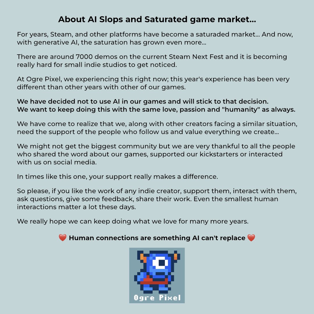 OgrePixel's tweet photo. Human connections are something AI can’t replace ❤️

#gamedev #indiedev https://t.co/Qb1Gq7Q8M3