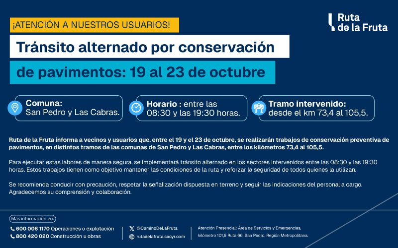 CaminoDeLaFruta's tweet photo. 🚧Avanzamos en la conservación de pavimentos en Las Cabras y San Pedro 

Atención usuarios: entre el lunes 19 y el viernes 23 de octubre, entre 8:30 y 19:30 horas, se realizan trabajos de conservación preventiva de pavimentos, en distintos puntos del tramo comprendido entre los kms. 73,4 y 105,5 de la #RutaH66.

⚠️Se implementan cortes de tránsito alternados durante las intervenciones, para desarrollar las faenas de forma segura y ordenada.

Estas obras contribuirán al desarrollo de una ruta más segura para nuestros usuarios. Organiza tus recorridos con anticipación y respeta las indicaciones en terreno. Agradecemos la comprensión. #RutadeLaFruta #CarreteradeLaFruta #LasCabras #SanPedrodeMelipilla

@radiocarab @mop_chile @MOPOHiggins @ttisantiago @sanpedromuni @portaldemeli @inf0schile @ruta5chile @pasioncamionero @munilascabras_ @alertaohiggins @trans_ohiggins