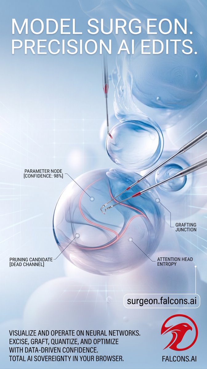 FALCONS_AI's tweet photo. Optimizing models for edge deployment shouldn't require manual, unrecorded script execution. Model Surgeon captures every cut, blend, and precision reduction into human-readable, replayable surgical recipes. Apply standardized model modifications across entire production fleets. https://t.co/cqGz5Aiho6