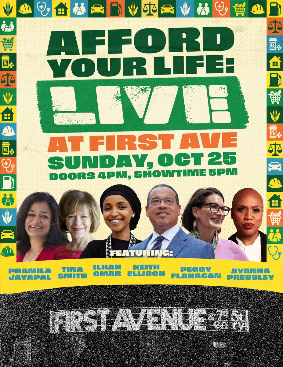 keithellison's tweet photo. ‼️ BIG NEWS ‼️ We've announced our slate of electeds who will be joining Afford Your Life: LIVE at First Ave. 

Catch @IlhanMN, @peggyflanagan , @TinaSmithMN, @AyannaPressley , and @PramilaJayapal this Sunday. https://t.co/7WKyZq0cYE https://t.co/zvTncRLaol