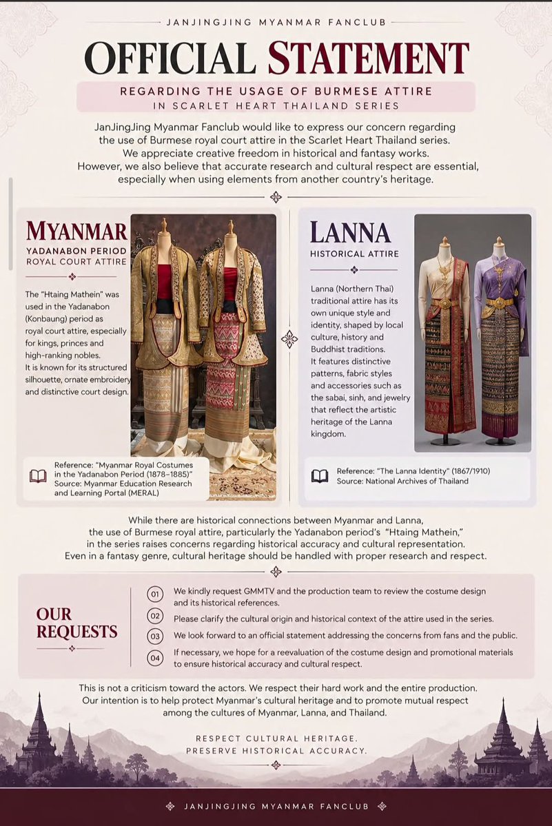 TiTiTaw1's tweet photo. @GMMTV , if you are going to incorporate traditional Myanmar clothing, specifically the Htamein, and Myanmar’s traditional oil-lamp dance into your work, please give credit to Myanmar.

We are not saying this with the intention of attacking or harming any of the actors. We are simply asking for proper credit to be given to Myanmar because our traditional clothing and cultural dance have been included.

Even if these elements were copied or inspired by Myanmar culture, please give credit to their country of origin. All we are asking for is recognition and respect for Myanmar’s cultural heritage. Thank you.

Htamein Myanmar traditional dress

#RespectMyanmarCulture
#GMMTV  @GMMTV 
#CreditMyanmar @ScarletHeartTH