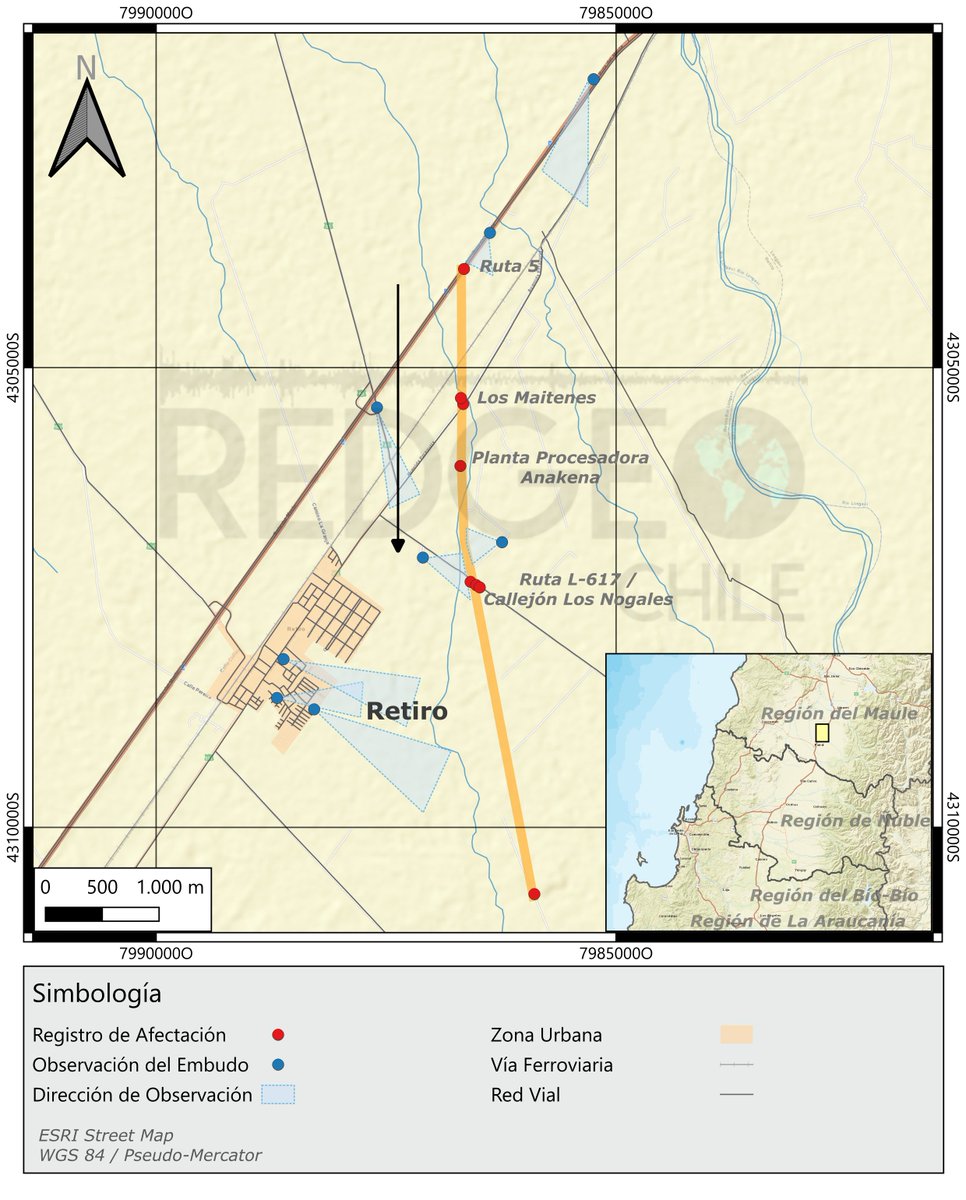 RedGeoChile's tweet photo. 🌪️ INFORME PRELIMINAR: TORNADO EF-0 EN RETIRO, REGIÓN DEL MAULE.

🗓️ Durante la tarde de hoy, miércoles 21 de octubre de 2026, aproximadamente a las 14:07 horas, y en un contexto de inestabilidad atmosférica, se registró un tornado en la comuna de Retiro, región del Maule.

📍 De acuerdo a nuestro análisis y georreferenciación de reportes y daños, este fenómeno tuvo una trayectoria aproximada de 5,6 kilometros con dirección S-SSE, iniciando en el sector Huacarneco en la Ruta 5 Sur, avanzando hacia el sector del puente Piguchén, Los Maitenes, Los Nogales y Huaso Chileno, disolviéndose en el sector San Isidro, dentro de la comuna de Retiro.

🏚️ Los efectos de este fenómeno consistieron principalmente en el desprendimiento de planchas de zinc de viviendas, la caída de árboles livianos y medianos, postes de energía eléctrica, colapso de panderetas y proyección de objetos livianos al aire, sin provocar daños estructurales mayores.

🌪️ De acuerdo con el nivel de los daños registrados, el tornado correspondió a una categoría EF-0 en la escala de Fujita Mejorada.

 ☁️ A pesar de que los registros audiovisuales disponibles no muestran de forma explícita el contacto de la nube embudo con la superficie, la existencia de una trayectoria continua de daños que coincide plenamente con el desplazamiento de dicha nube confirma que el vórtice sí tocó tierra.

⚠️ Este informe es preliminar y podría actualizarse a medida que se disponga de nuevos antecedentes.