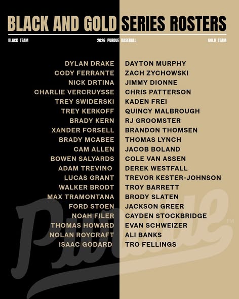 PurdueBaseball's tweet photo. Squads for the Black &amp; Gold Series are set. #BoilerUp 

⚾️ Game 1: Thursday at 4pm
⚾️ Game 2: Friday at 4pm
⚾️ Game 3: Saturday at 1pm
🏟️ ...all Open to the Public at Alexander https://t.co/Rh0wNEp7GY